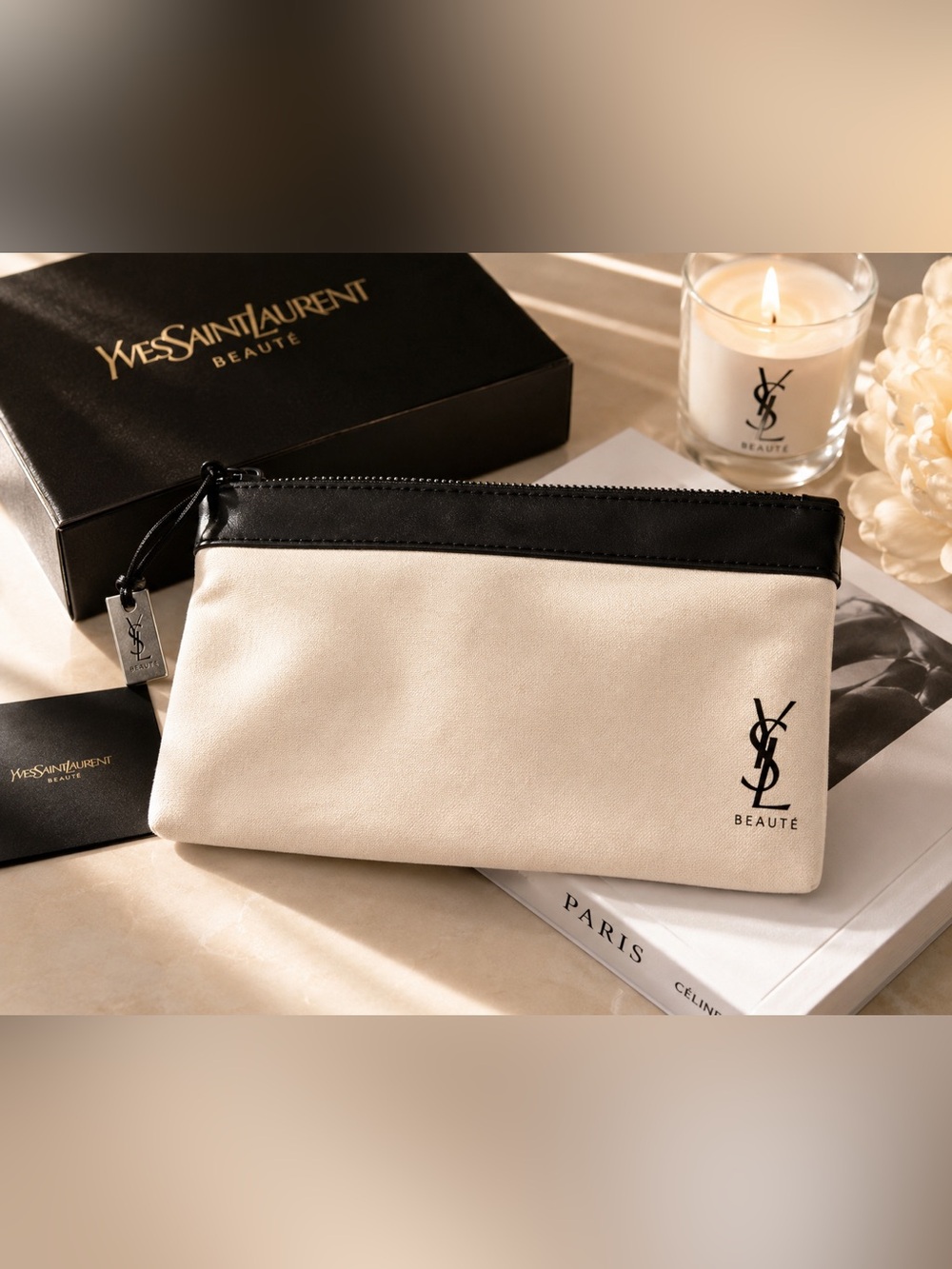 Ysl Beaut Medium Zip Pouch Black Cream Makeup Bag